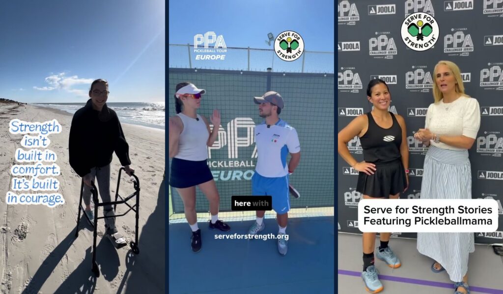 Three Serve For Strength stories — founder Valerie Rose Simon, pro player Matteo Cugliari, and Audrey known as Pickleballmama